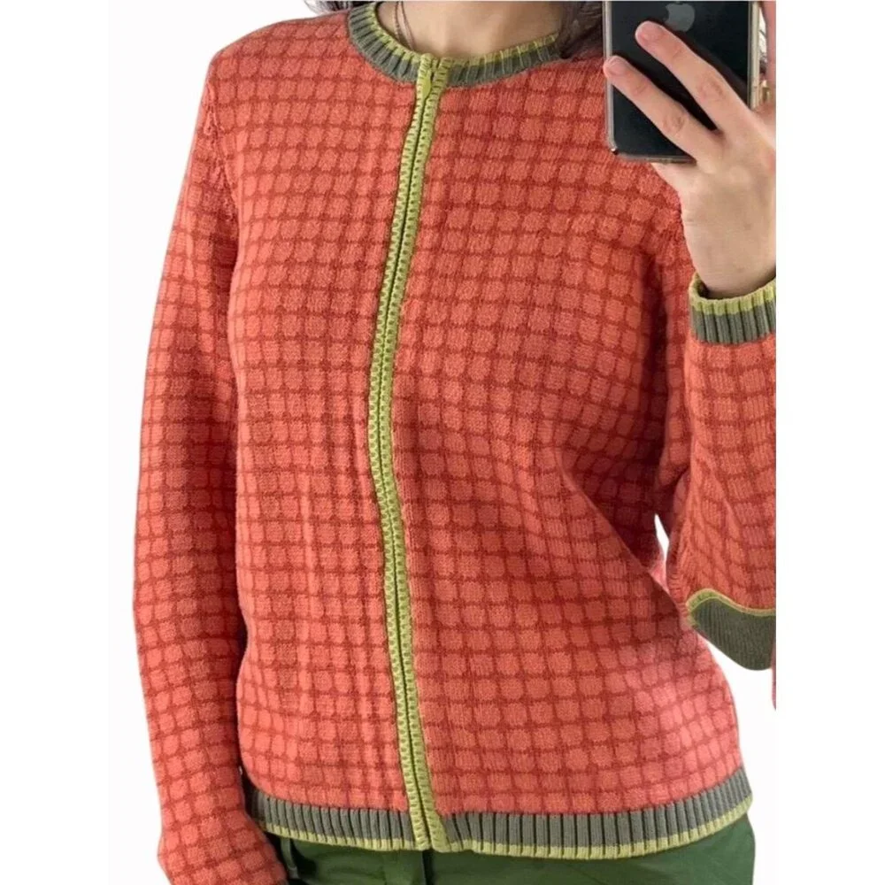 Talbots Womens Cardigan Sweater L Orange/Green Checkered Pattern Elbow patches - Picture 1 of 10